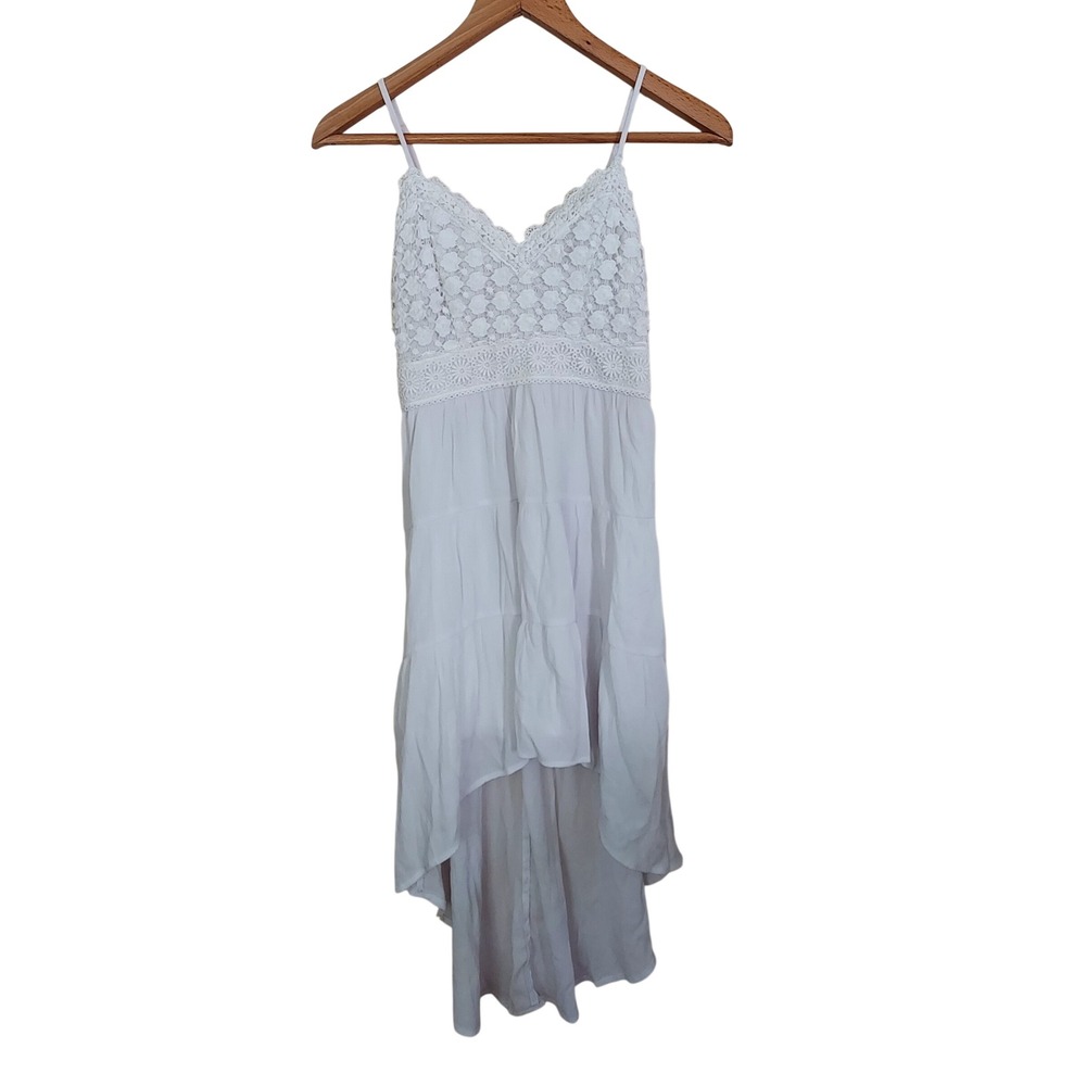 White Crochet Lace High Low Tiered Dress Sm 3-5 Smocked Back Floral Boho Hippie